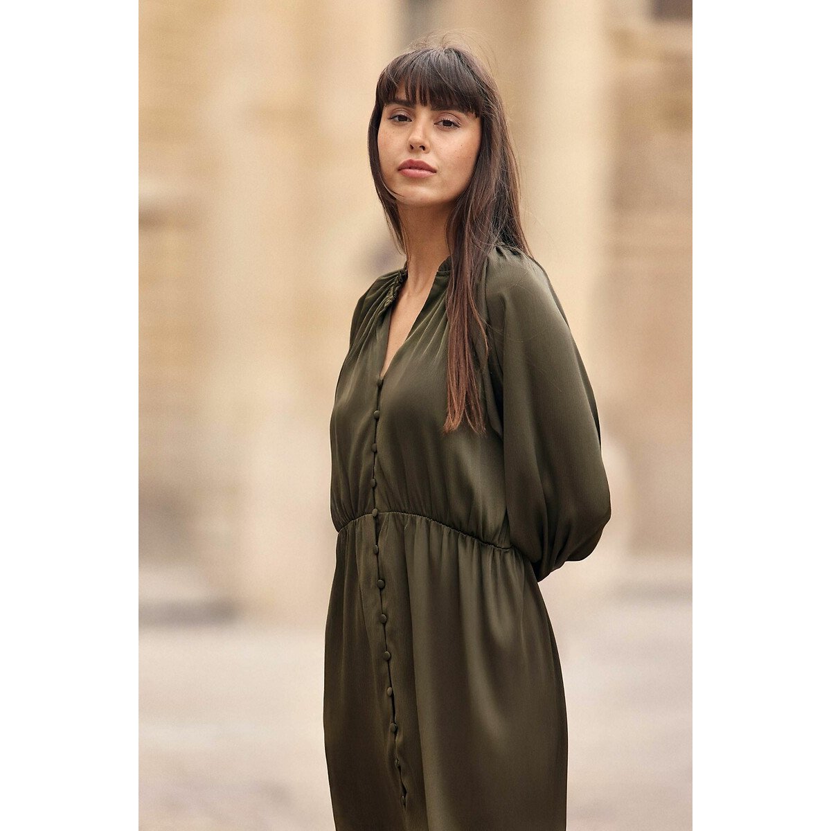 Renan V-Neck Midi Dress with Long Sleeves khaki, LA PETITE ETOILE