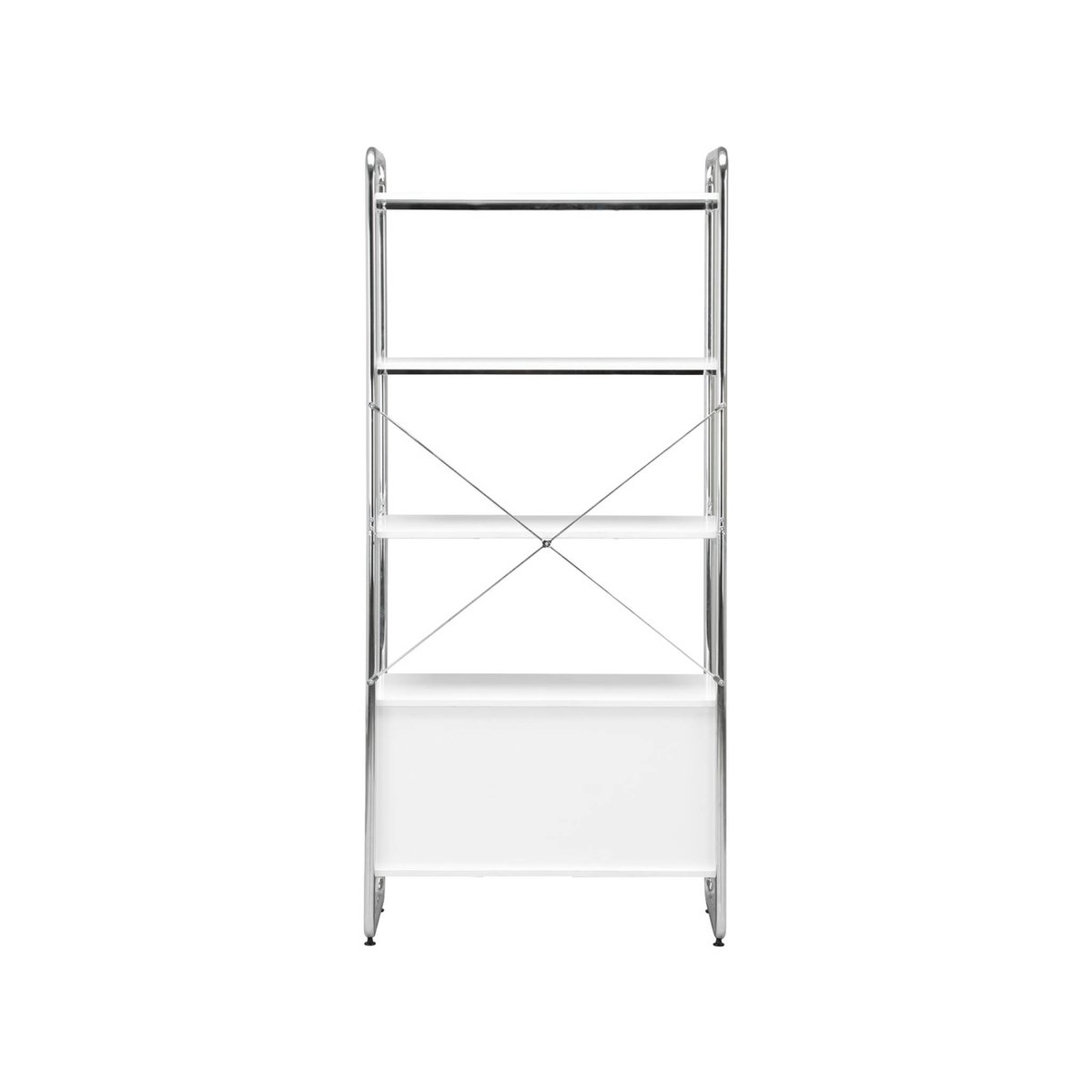 Etagère bibliothèque métal chromé et décor bois 2 portes coulissantes 5 niveaux LENNOX blanc, SWEEEK
