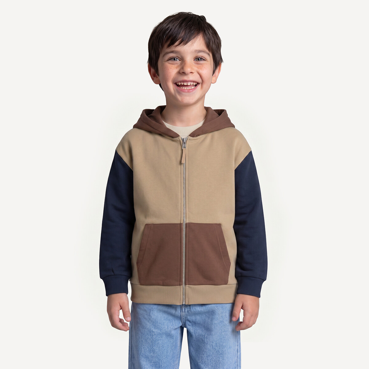 Colour Block Fleece Zip-Up Hoodie navy/brown, LA REDOUTE COLLECTIONS