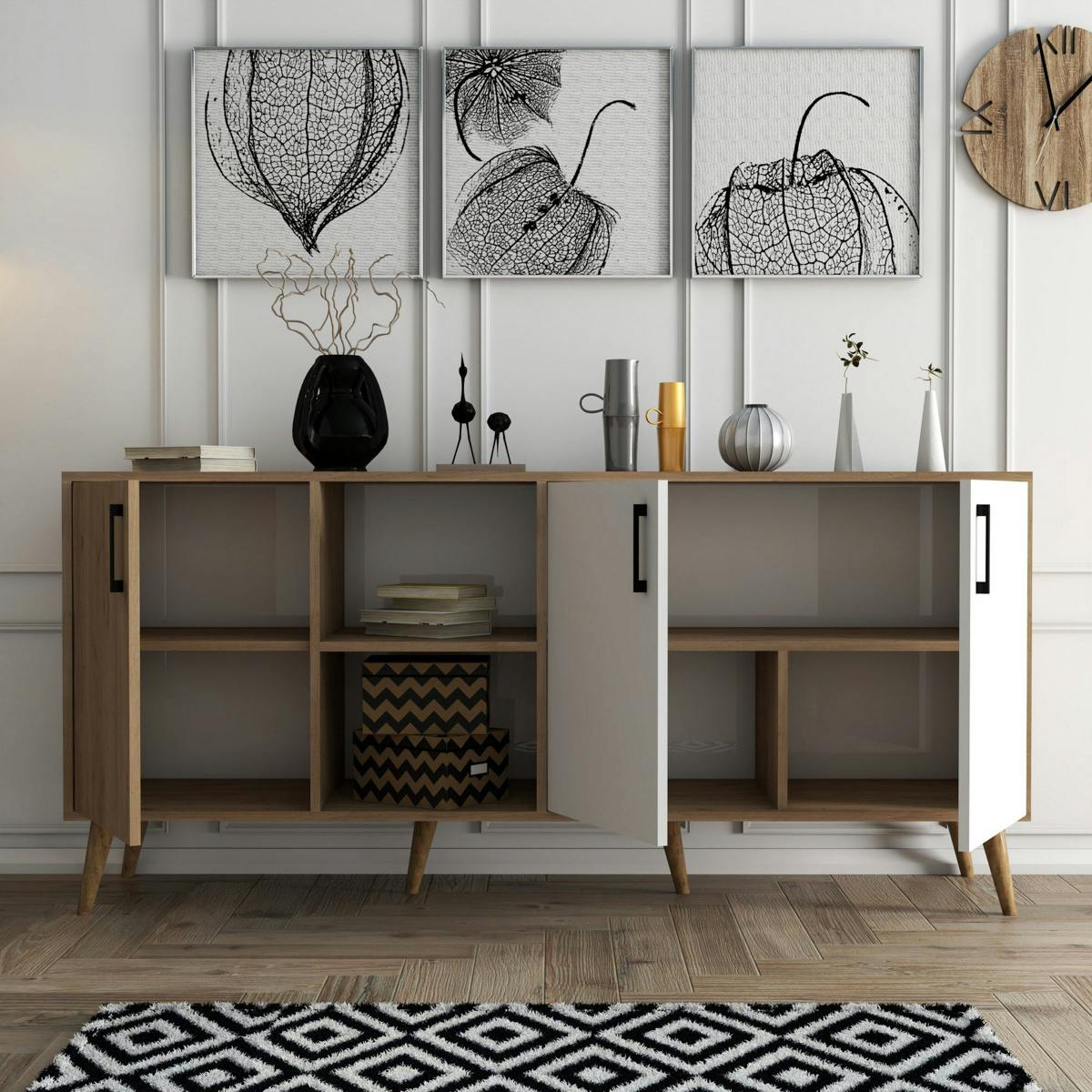Buffet moderne effet bois et blanc, pieds obliques MARFA bois naturel, PIER IMPORT