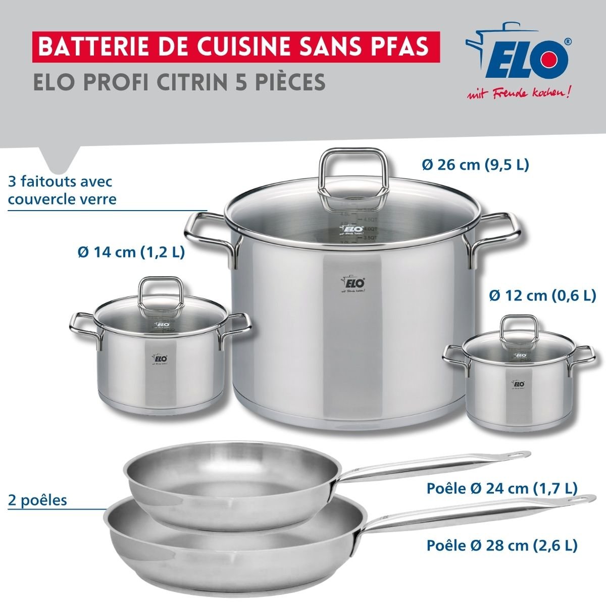Batterie 2 poêles 24/28cm + 3 faitouts 12/14/26cm PROFI CITRIN gris, ELO