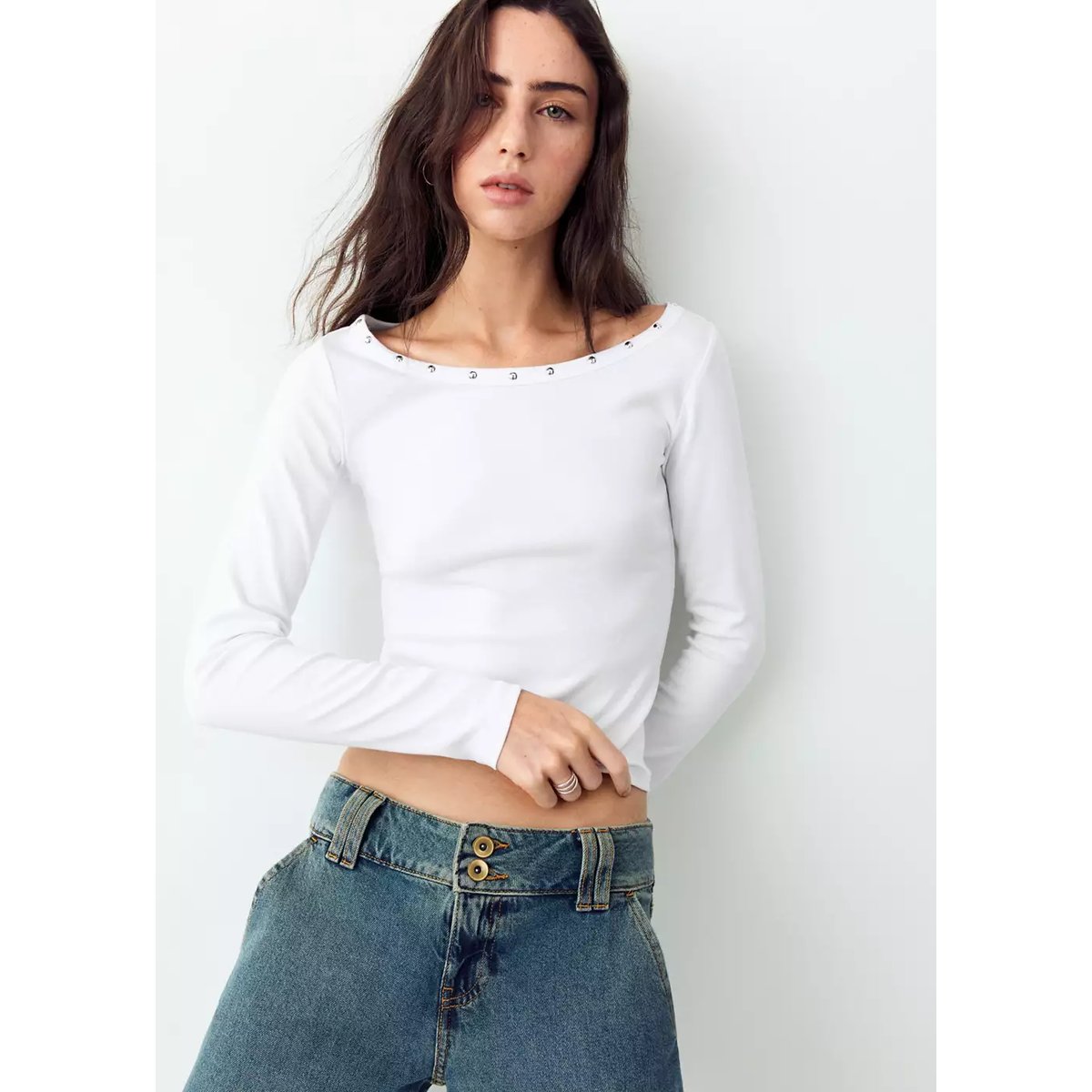 T-shirt col bateau à clous blanc cassé, MANGO TEEN