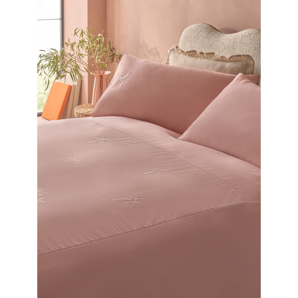 Housse de couette et taie à palmiers brodés pêche rose, NEXT