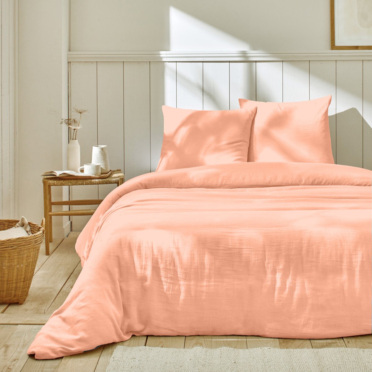 Parure housse de couette en gaze de coton unie, OZEN ivoire, C DESIGN HOME TEXTILE