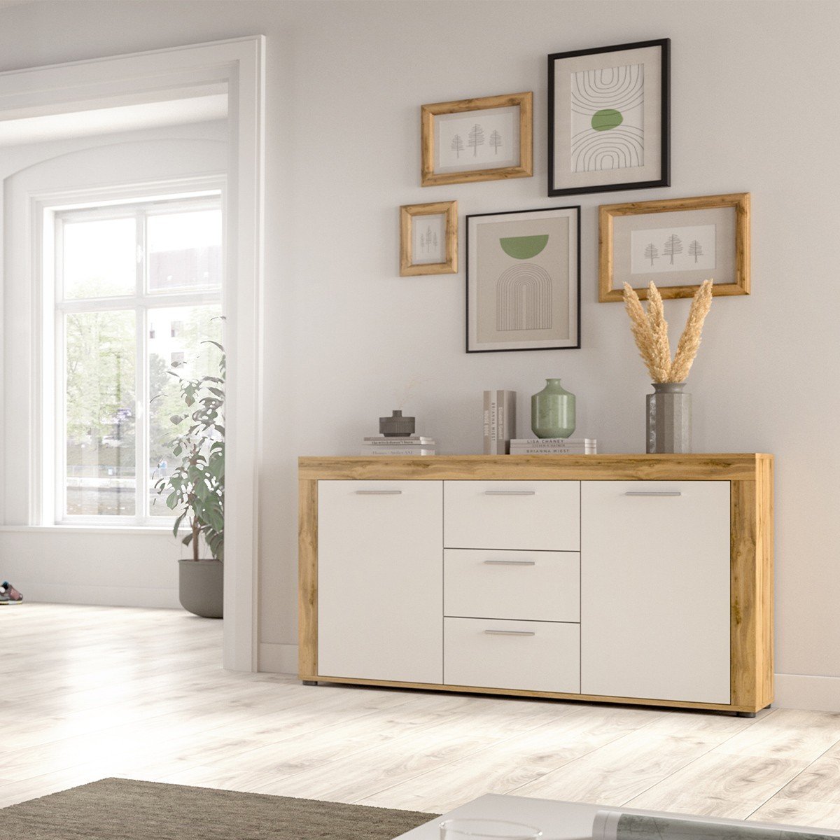 Buffet 2 portes et 3 tiroirs blanc et chêne wotan L125 cm - AOSTA blanc, CALICOSY