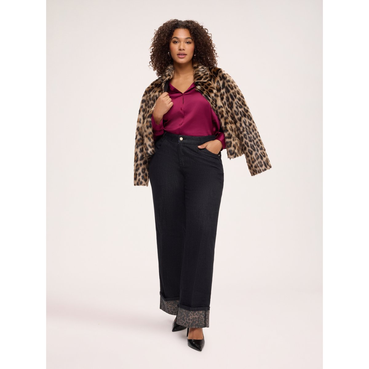 Jean regular à revers imprimé animalier noir, FIORELLA RUBINO