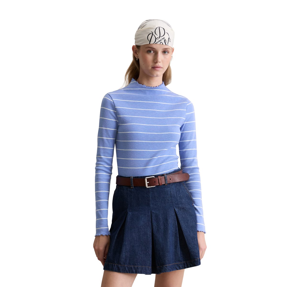 T-shirt long à côtes slim en jersey stretch en coton organique bleu moyen, MARC O’POLO DENIM