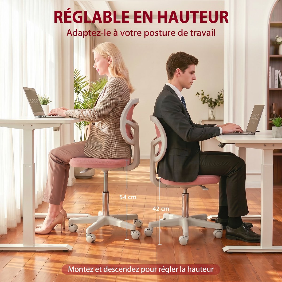 Chaise de bureau Tissu en maille Rose rose, HOMCOM