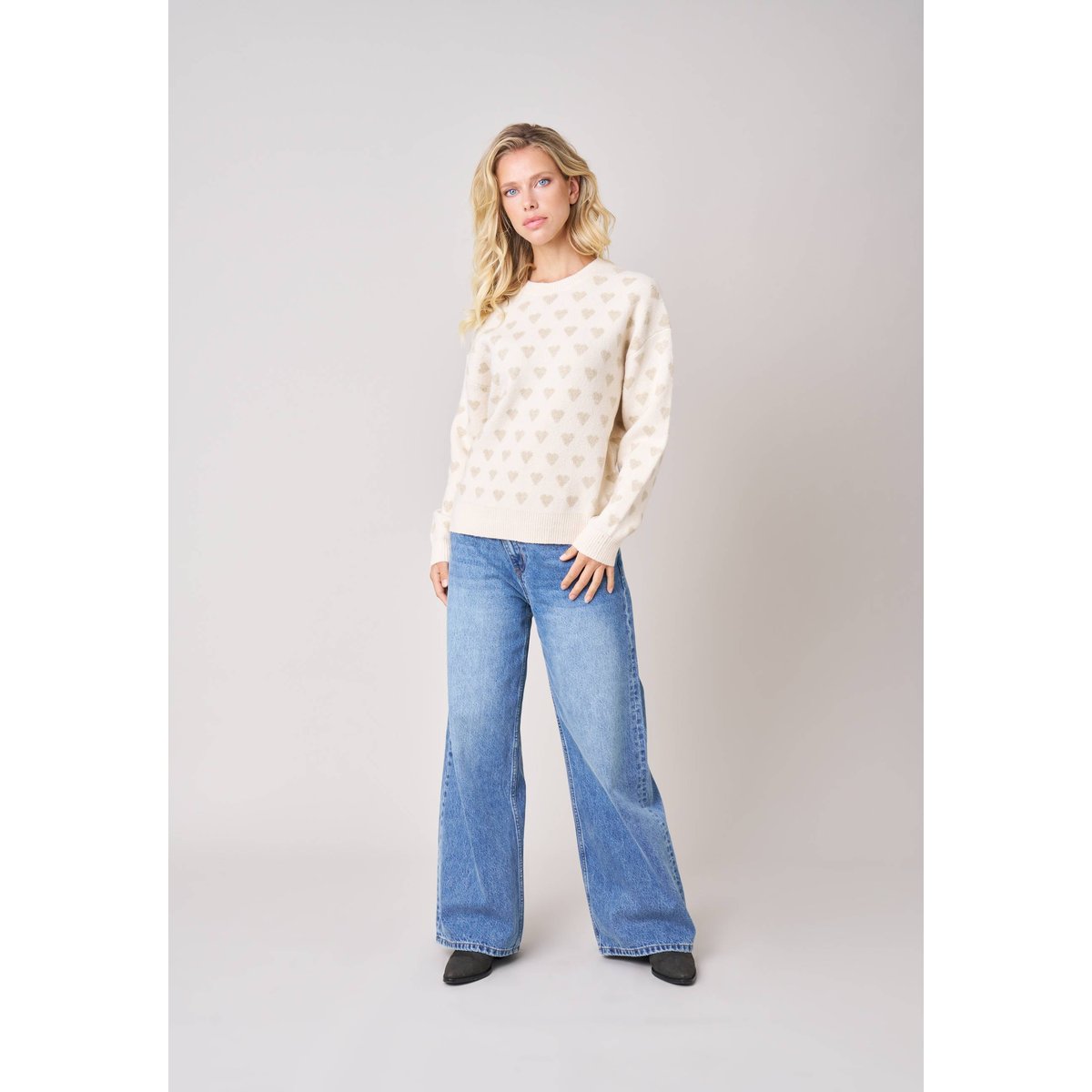 Pull femme motif cœurs en maille douce CLEMY crème, DEELUXE