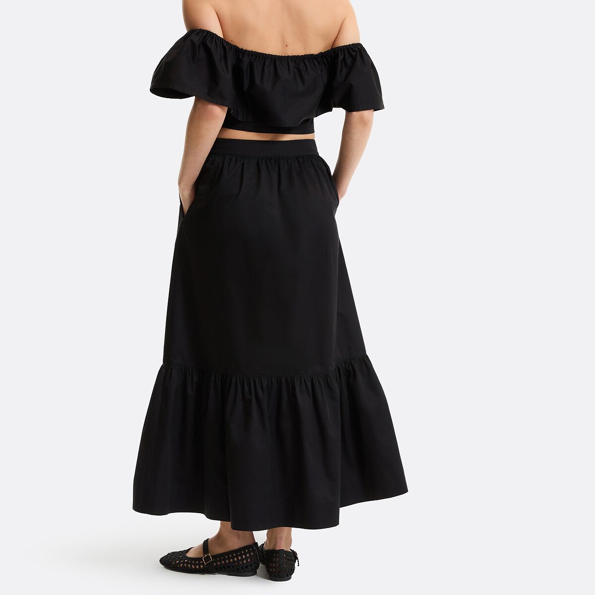 Jupe longue à volant en coton noir, LA REDOUTE COLLECTIONS