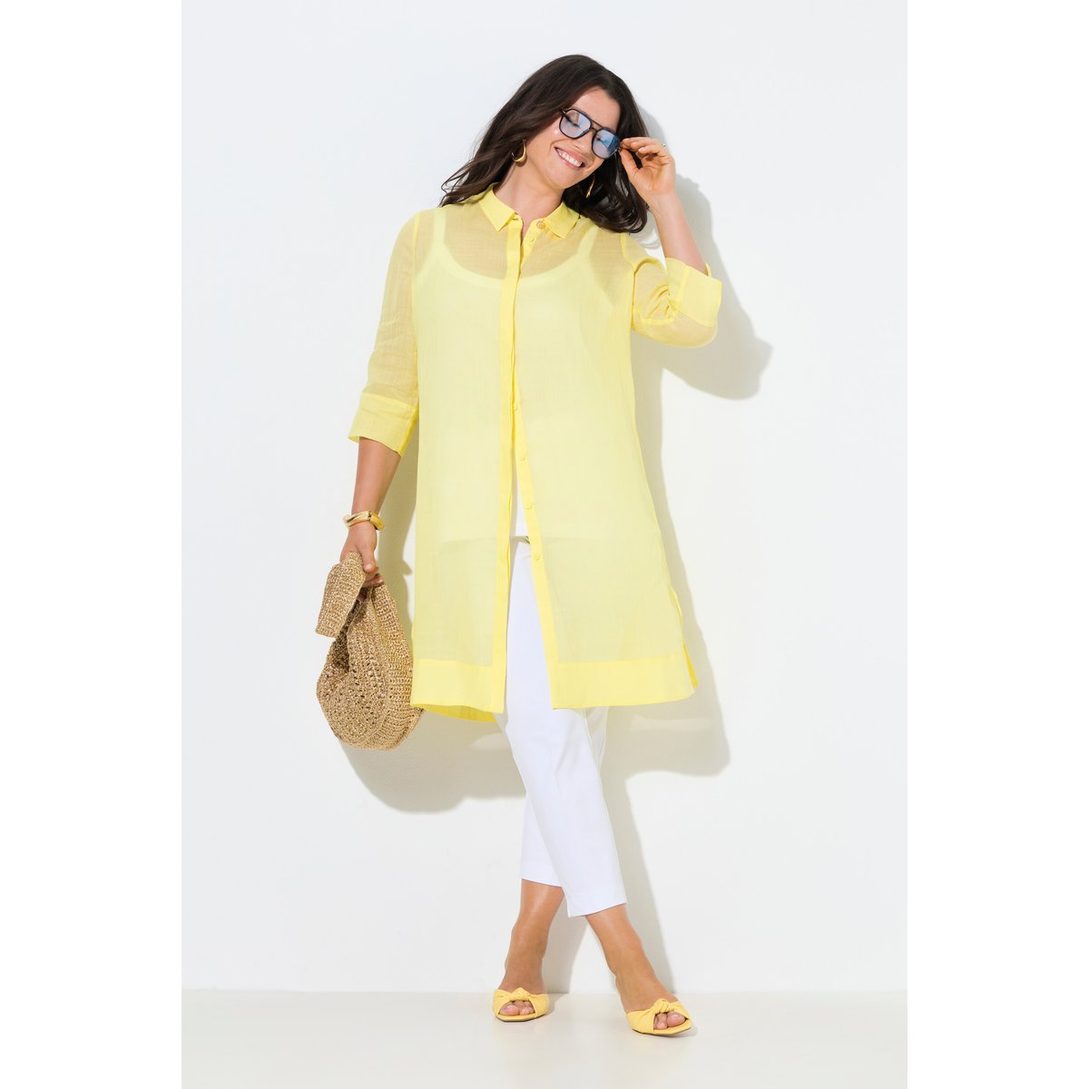 Chemisier long, tissu ramie jaune citron, ULLA POPKEN