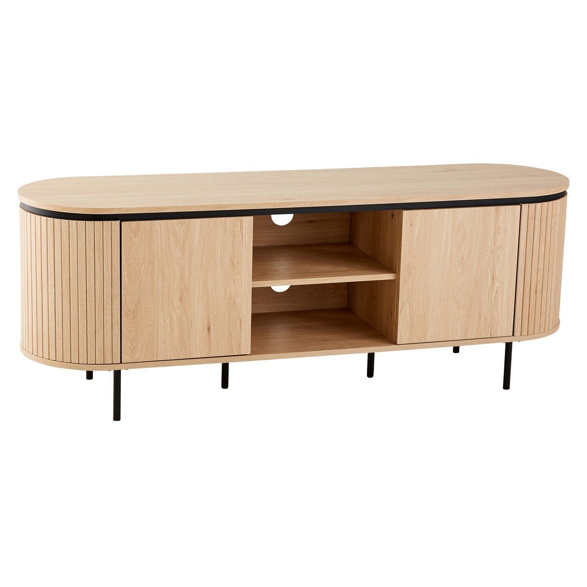 Meuble TV 2 portes avec côtés effet rainuré L150 cm - MALAGA bois clair, CALICOSY