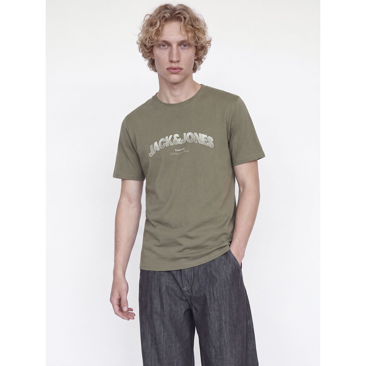 Lot de 3 T-shirts, manches courtes noir + blanc + kaki, JACK & JONES