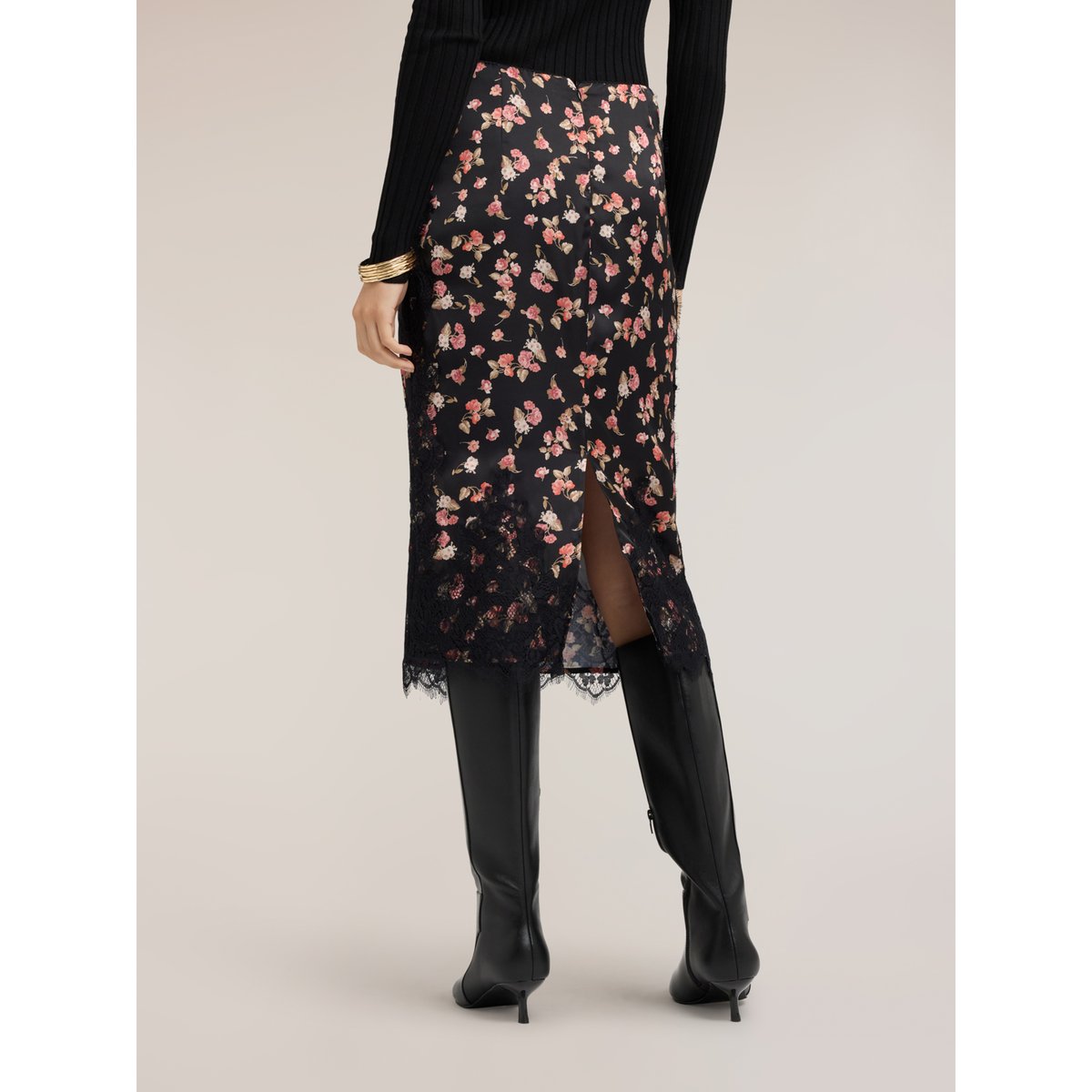 Jupe crayon avec imprimé floral et dentelle noir, MOTIVI