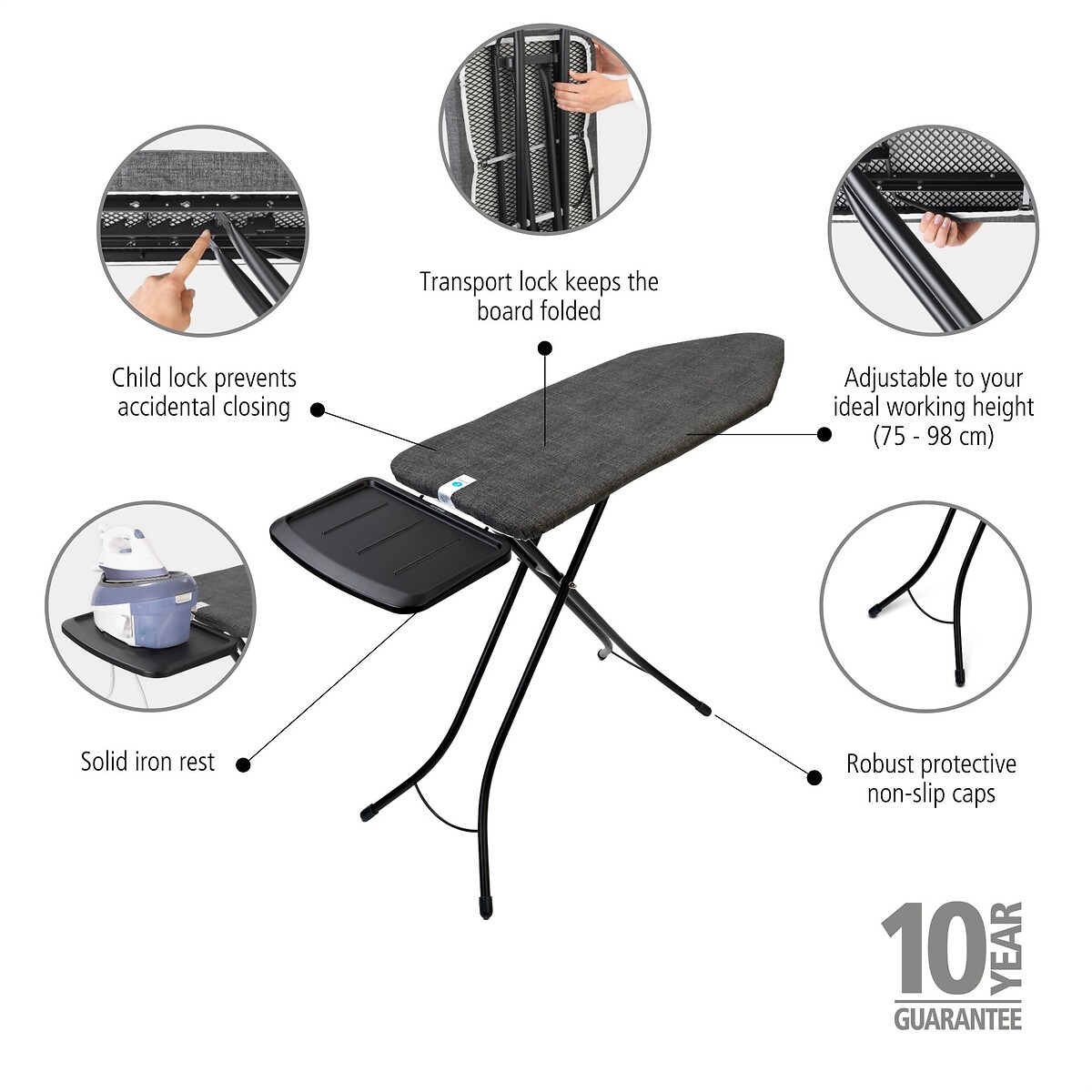 Ironing Board C, 124x45cm with Solid Steam Unit Holder black denim, BRABANTIA