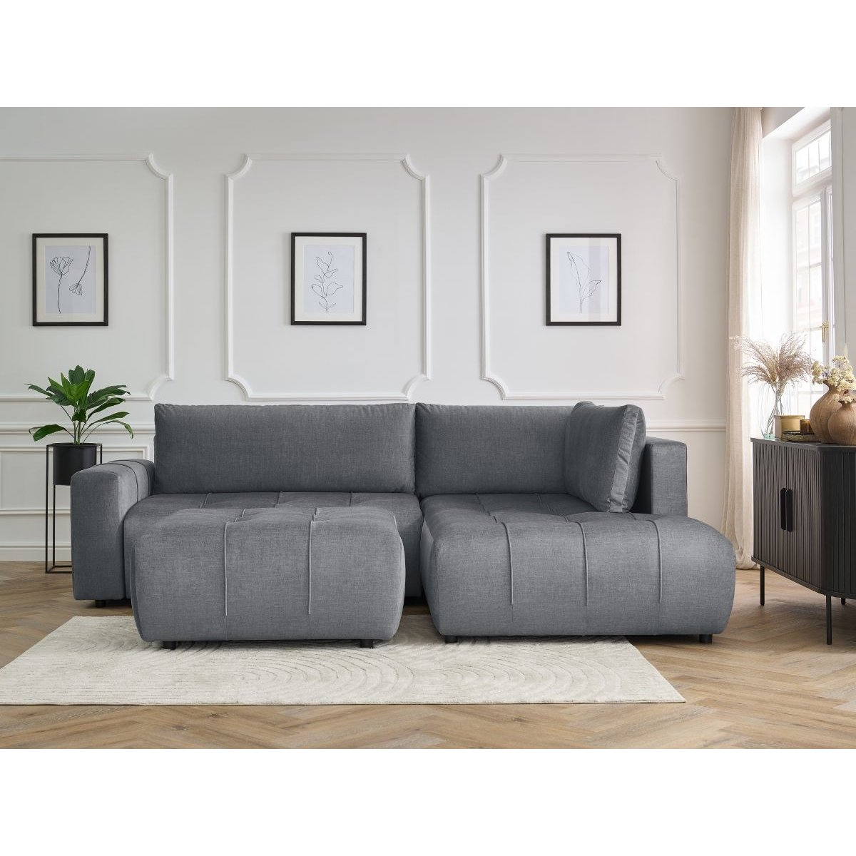 Canapé d'angle convertible 4 places en velours avec pouf, ARSENE gris foncé, BOBOCHIC