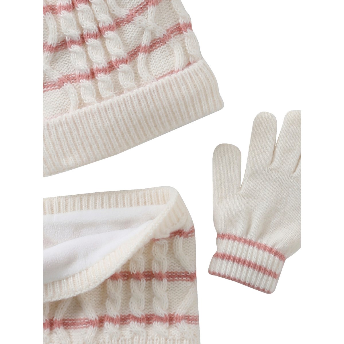 Ensemble torsadé bonnet + snood + moufles/gants écru, VERTBAUDET