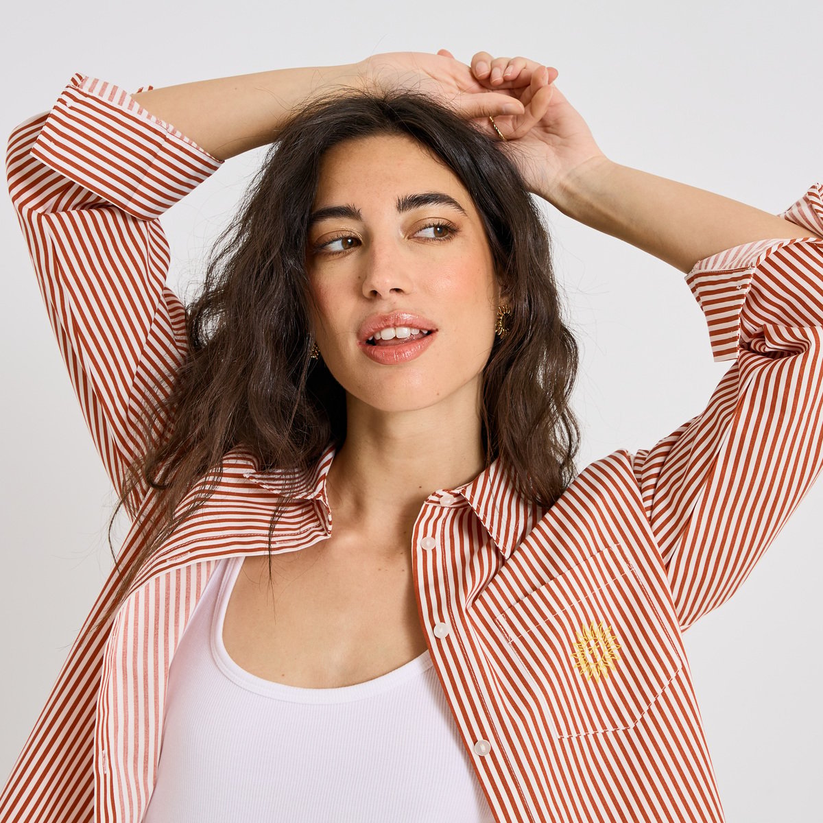 Chemise rayée avec broderie orange terracota, GRAIN DE MALICE