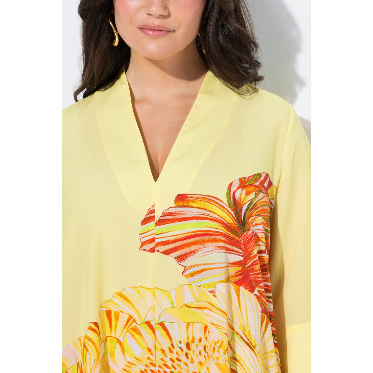 Robe midi en Lyocell, motif floral jaune citron, ULLA POPKEN