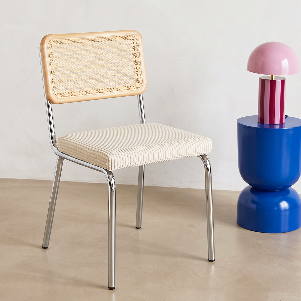 Lot de 2 chaises chromées, cannage et velours côtelé - PAULA beige, HOMIFAB