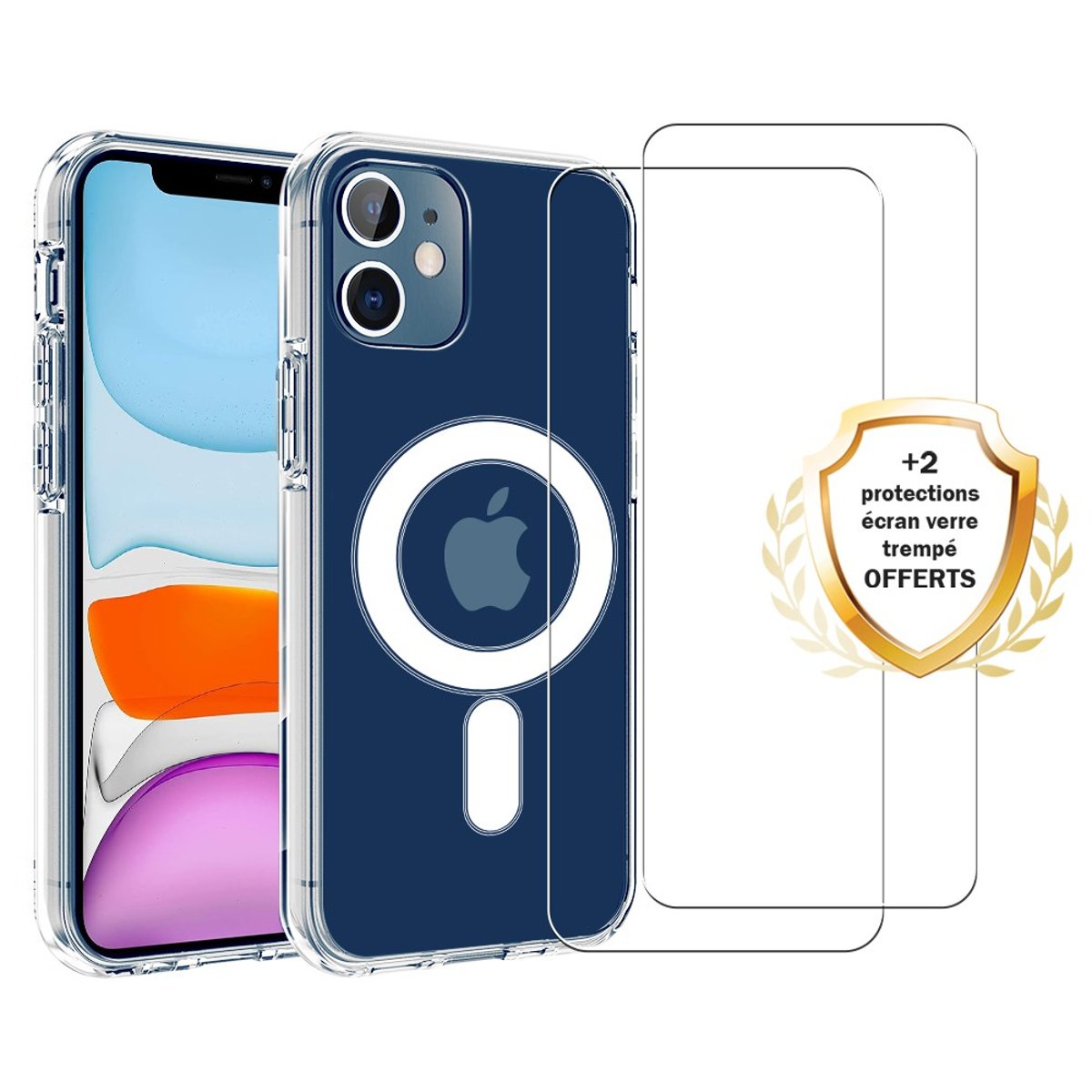 Coque Anti-choc compatible Magsafe pour iPhone 12 Mini Transparente + 2 vitres transparent, EVETANE