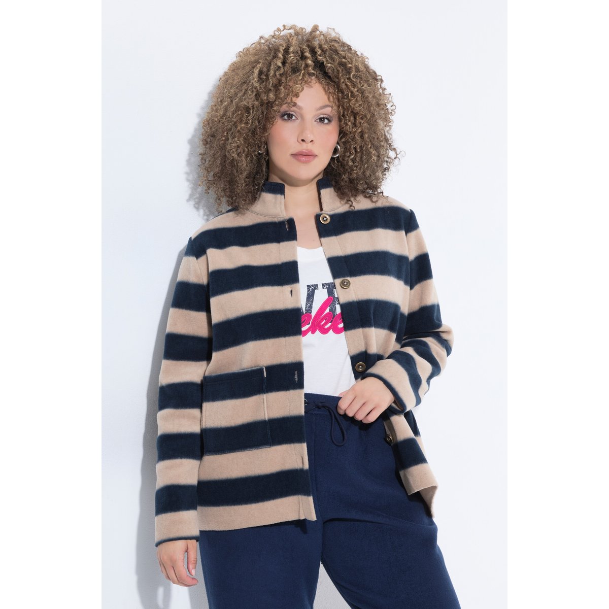 Veste en polaire à rayures, col montant marron clair, ULLA POPKEN