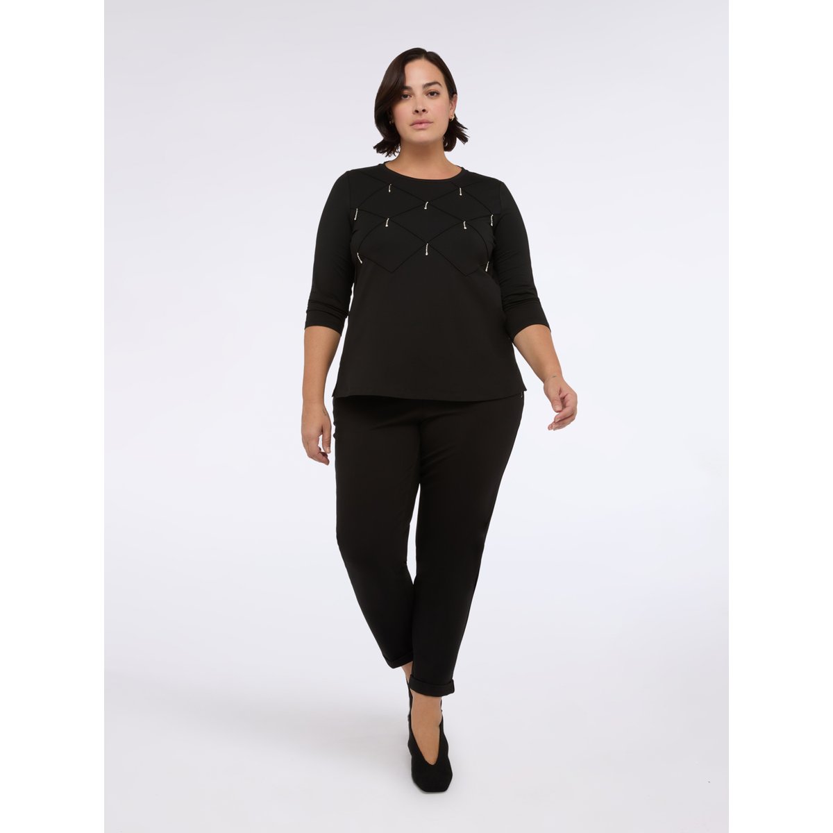 T-shirt en jersey de coton avec travail en losanges noir, FIORELLA RUBINO