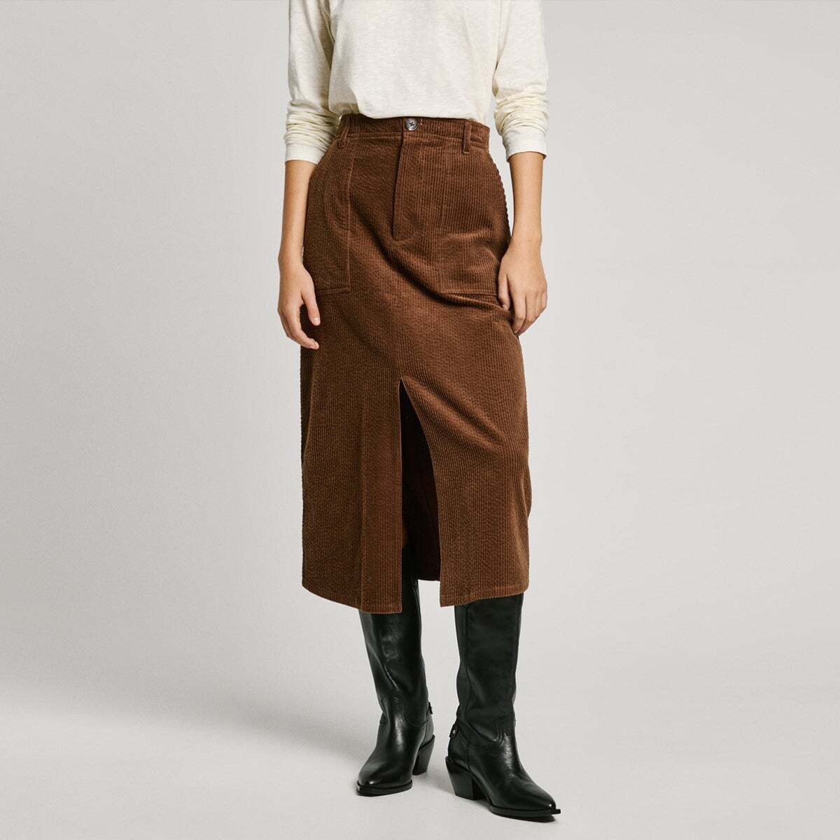 Jupe Midi En Velours Côtelé brun terre, PEPE JEANS