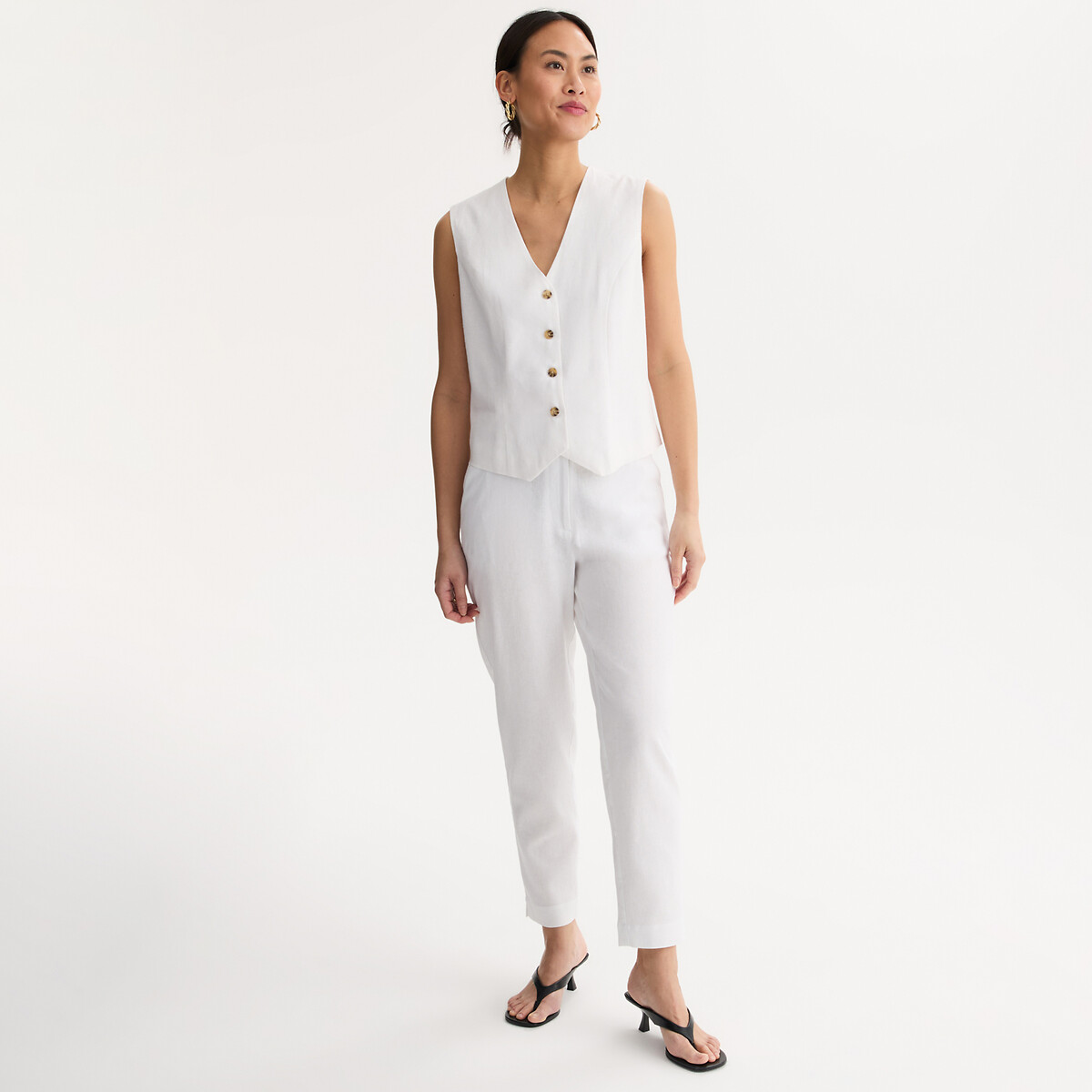 Calças de cigarro em linho e viscose 7/8 branco, ANNE WEYBURN
