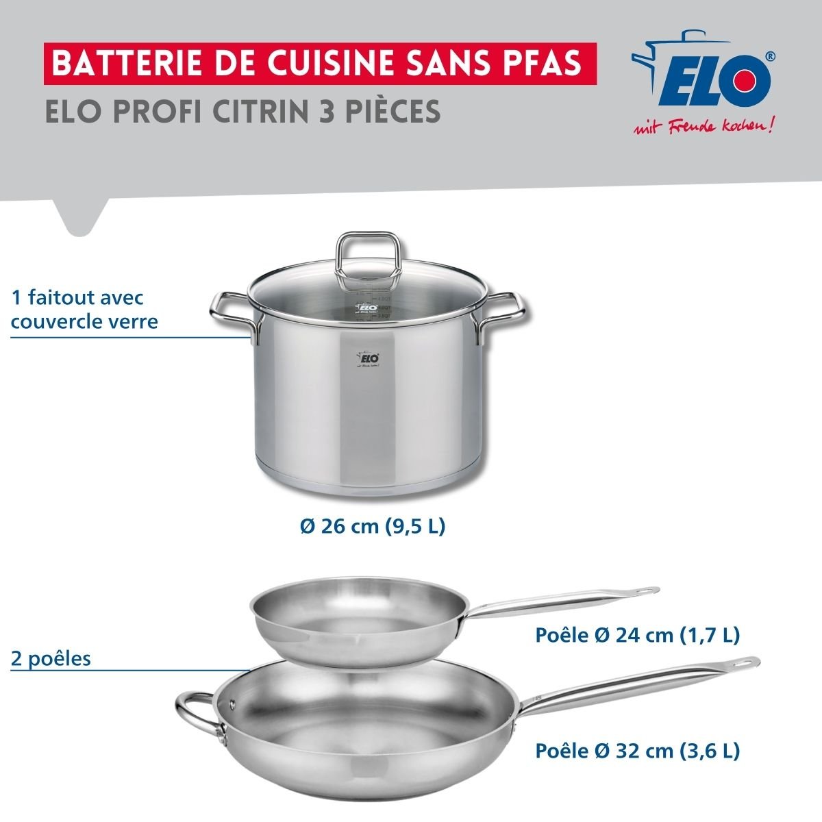 Batterie 2 poêles 24/32cm + 1 faitout 26cm PROFI CITRIN gris, ELO