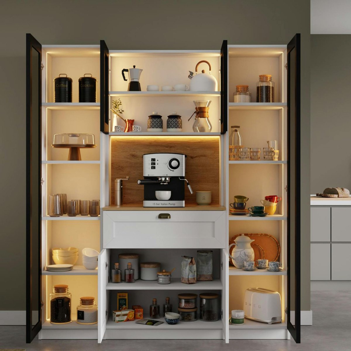 Vaisselier de cuisine à LED 6 portes décor blanc et noir AURA blanc, PIER IMPORT