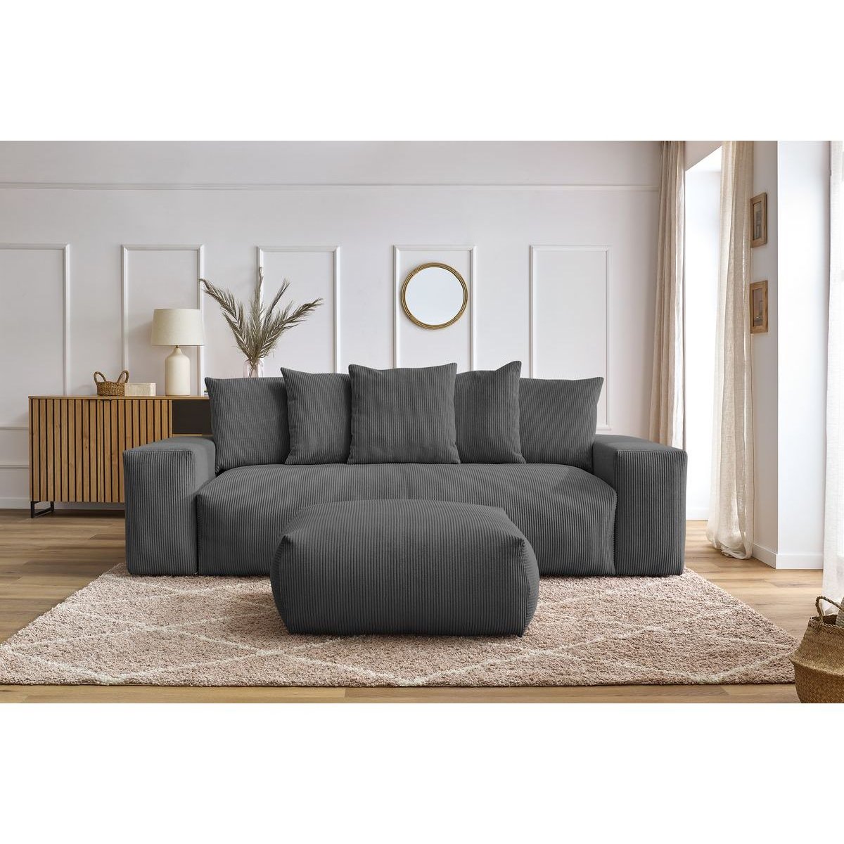 Canapé droit convertible 4 places en velours côtelé avec pouf, VOLTAIRE gris foncé, BOBOCHIC