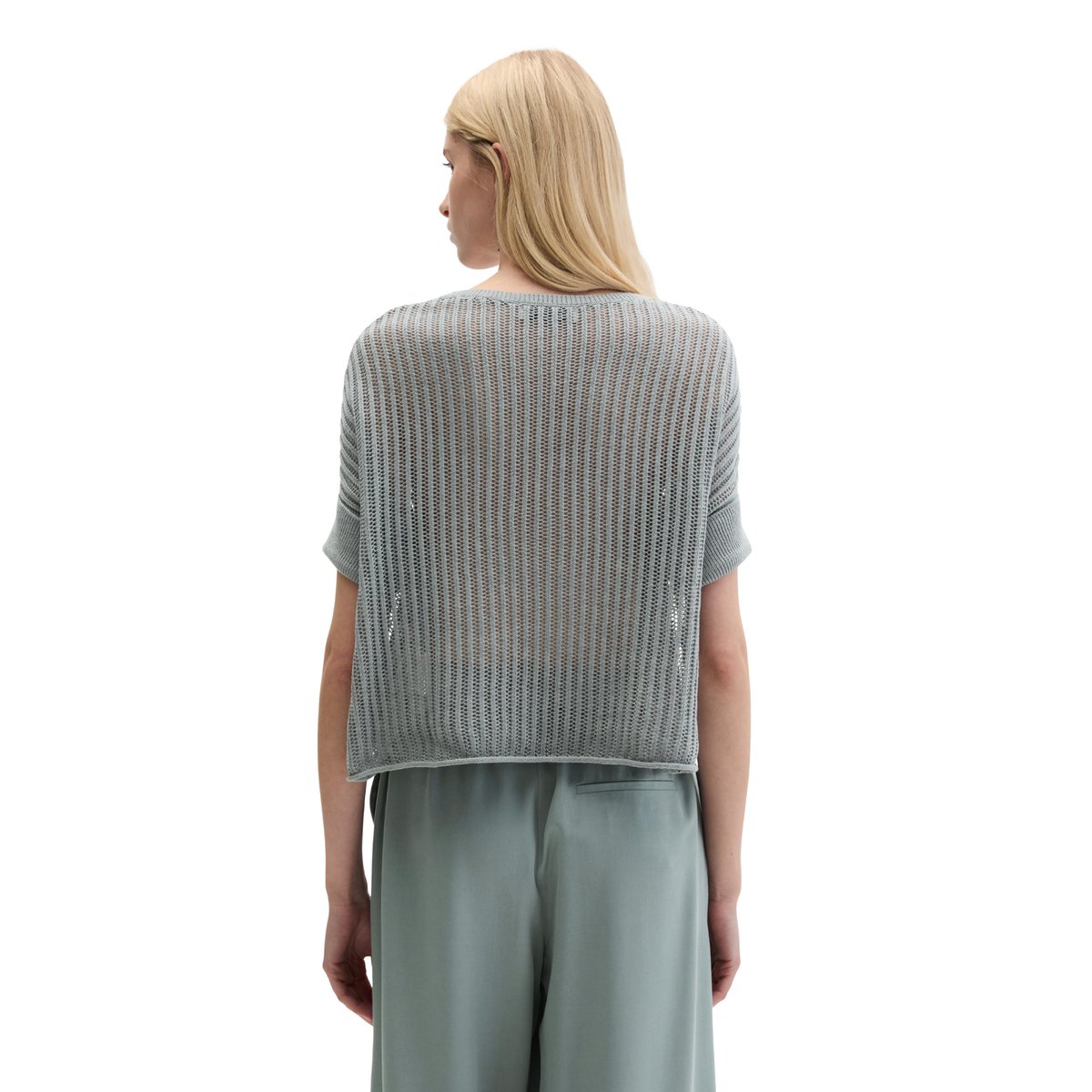 Pull-over en maille à manches courtes boxy en mélange coton organique-lin gris, MARC O'POLO
