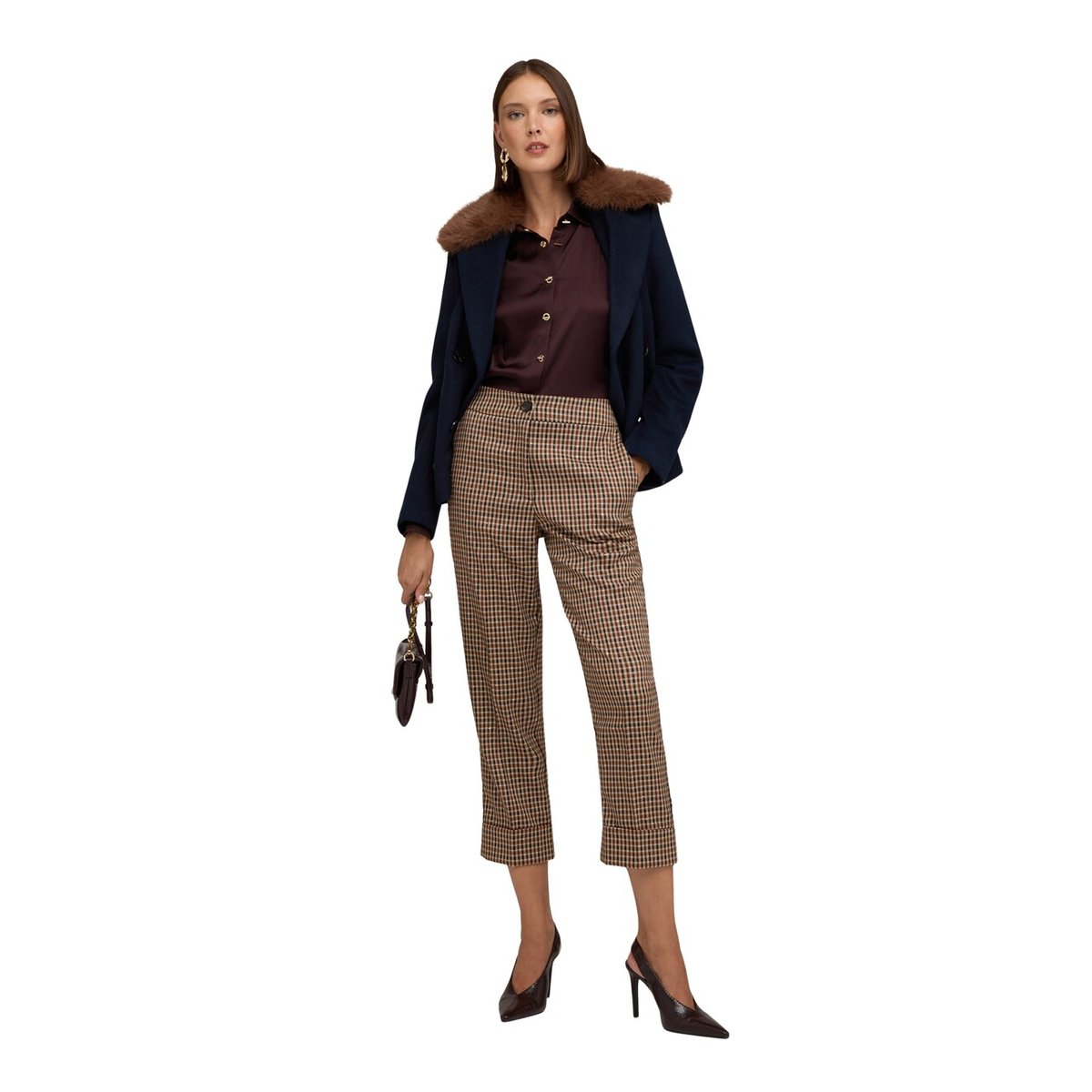 Pantalon court à motif à carreaux beige, MOTIVI