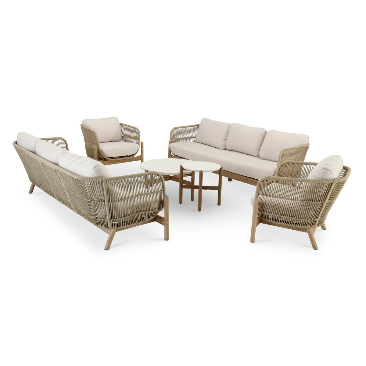 Salon de jardin 8 places, 2 tables, PROVENZA structure bois clair, corde beige, coussin écru, DEFORA HOME