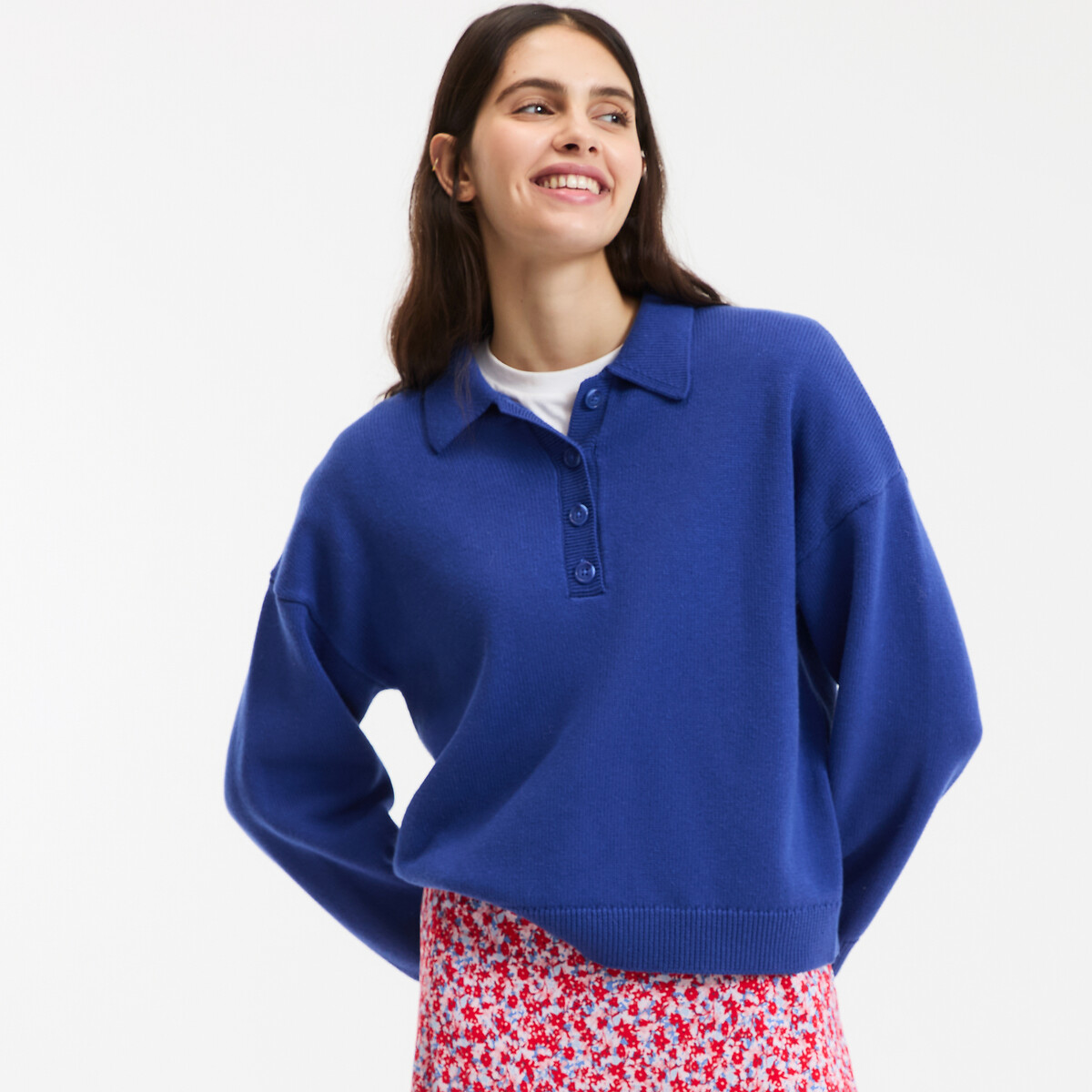 Pull col polo, en laine et coton mélangés bleu électrique, LA REDOUTE COLLECTIONS