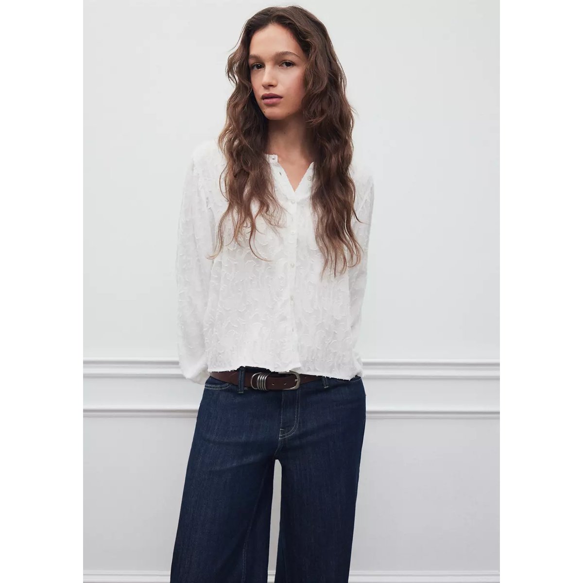 Chemise jacquard texturée blanc cassé, MANGO TEEN
