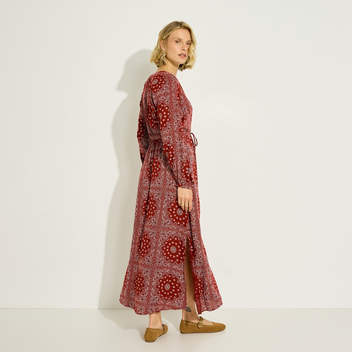 Robe longue bohème à imprimé bandana orange bordeaux, GRAIN DE MALICE