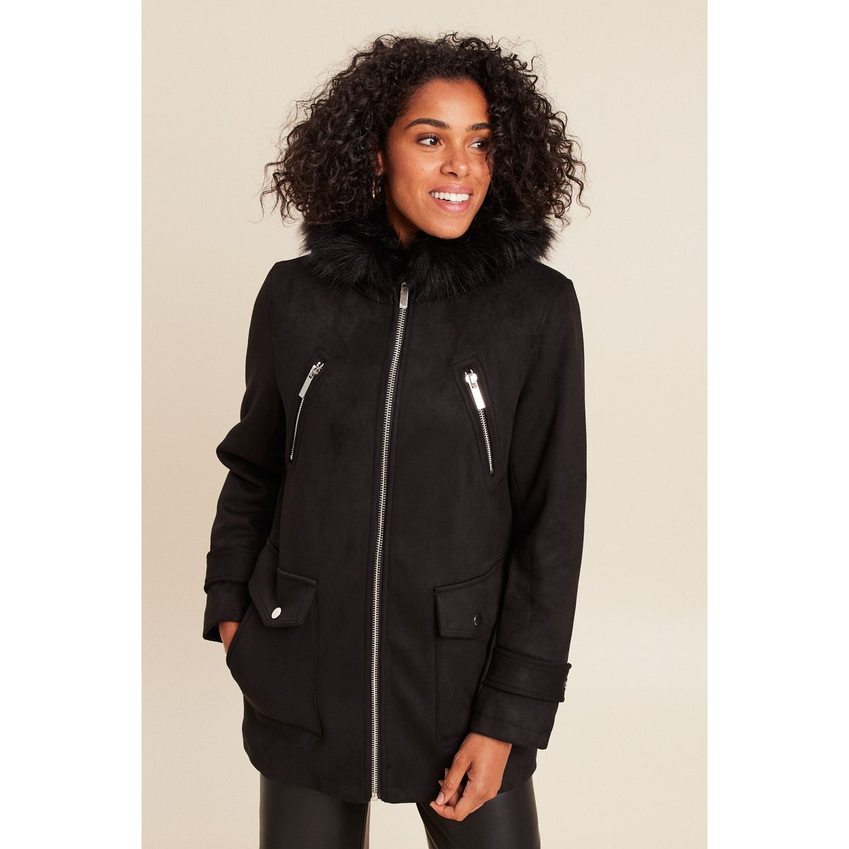 Manteau cintré mi-long à capuche noir, BREAL