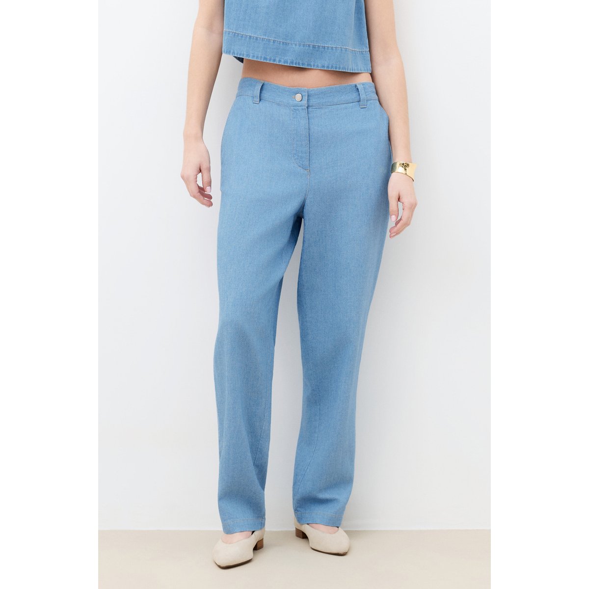 Pantalon 7 huit lin PILLYDENIM bleu ciel, CAROLL