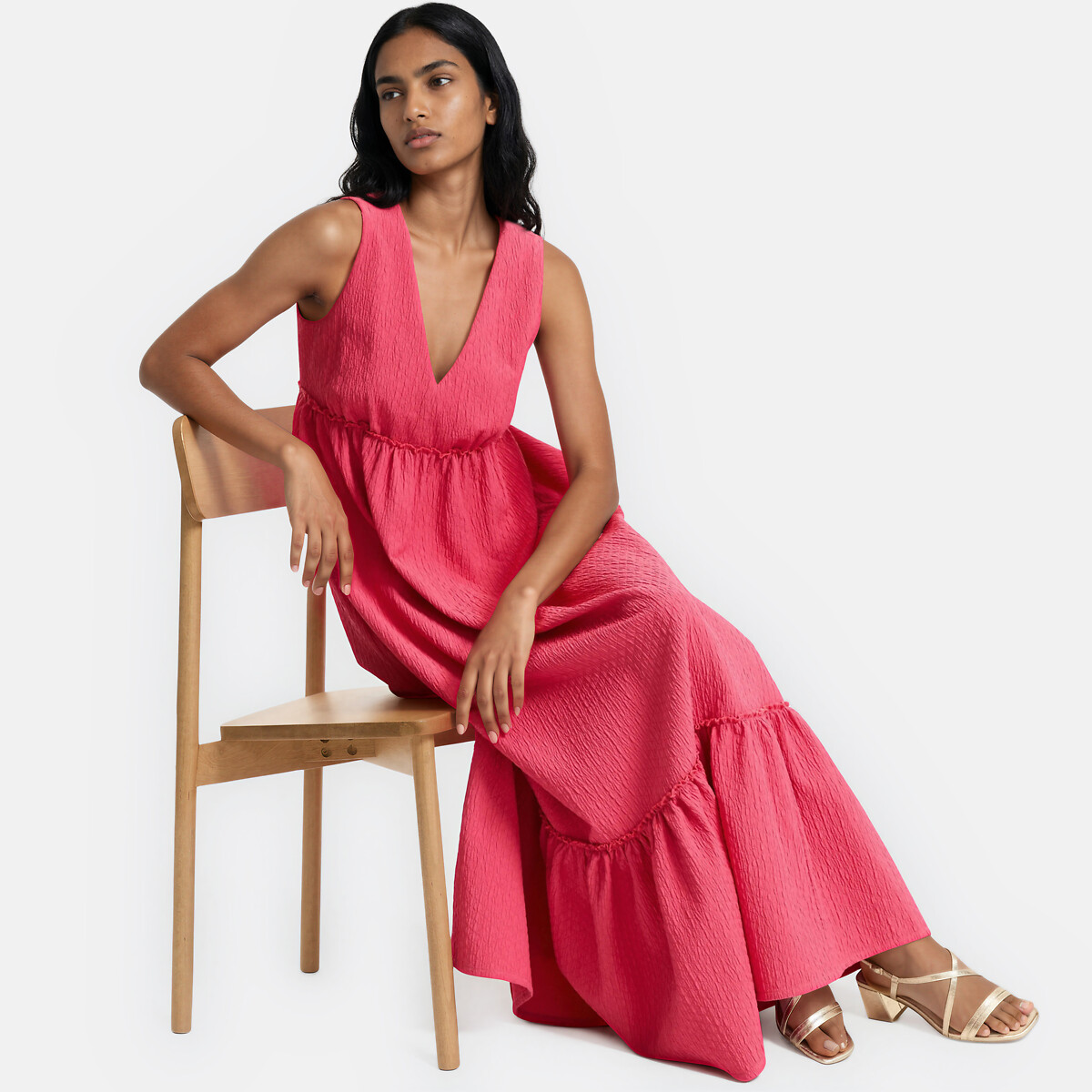 Vestido comprido sem mangas com decote em V e folho rosa, LA REDOUTE COLLECTIONS