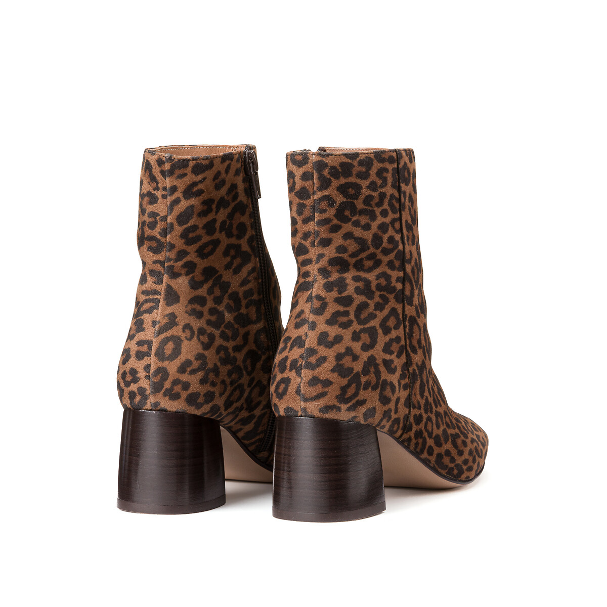Signatures Marguerite Ankle Boots with Block Heel in Leather printed brown background, LA REDOUTE COLLECTIONS