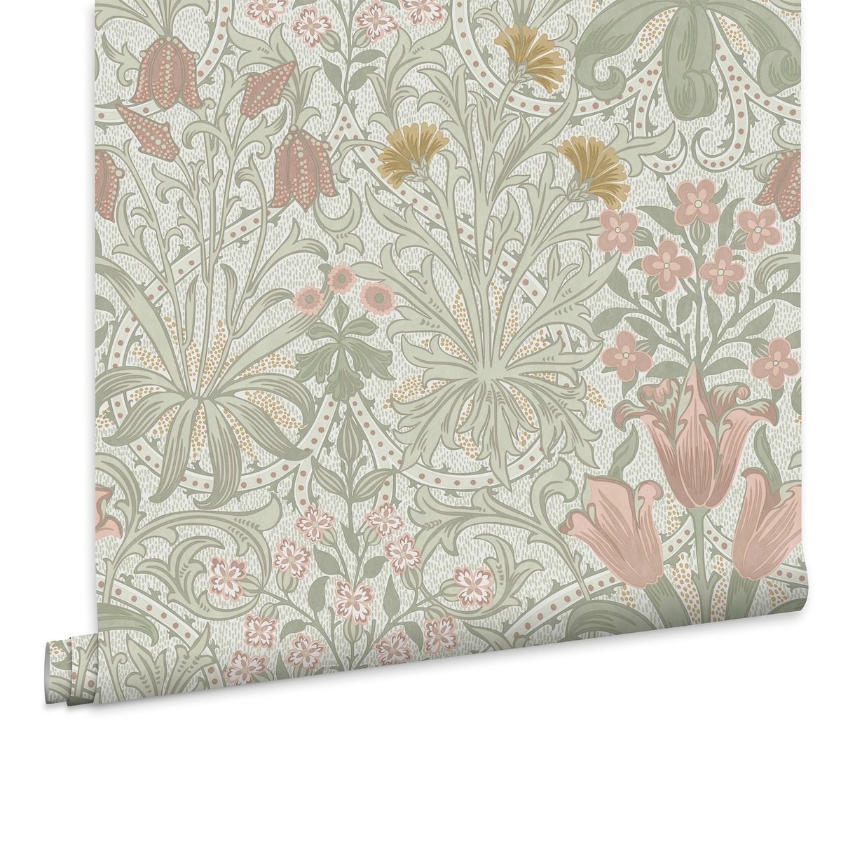 Papier peint fleuri Woodland Weeds Peony & Sage vert clair, rose, ocre, WILLIAM MORRIS AT HOME