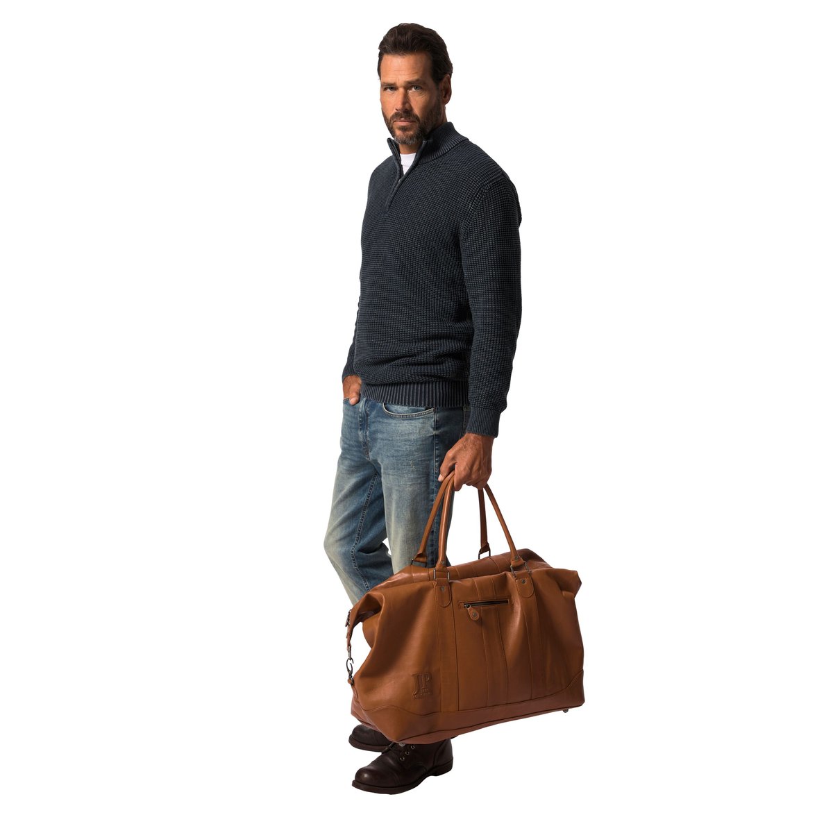 Sac Weekender, en cuir d'agneau nappa marron cognac, JP1880