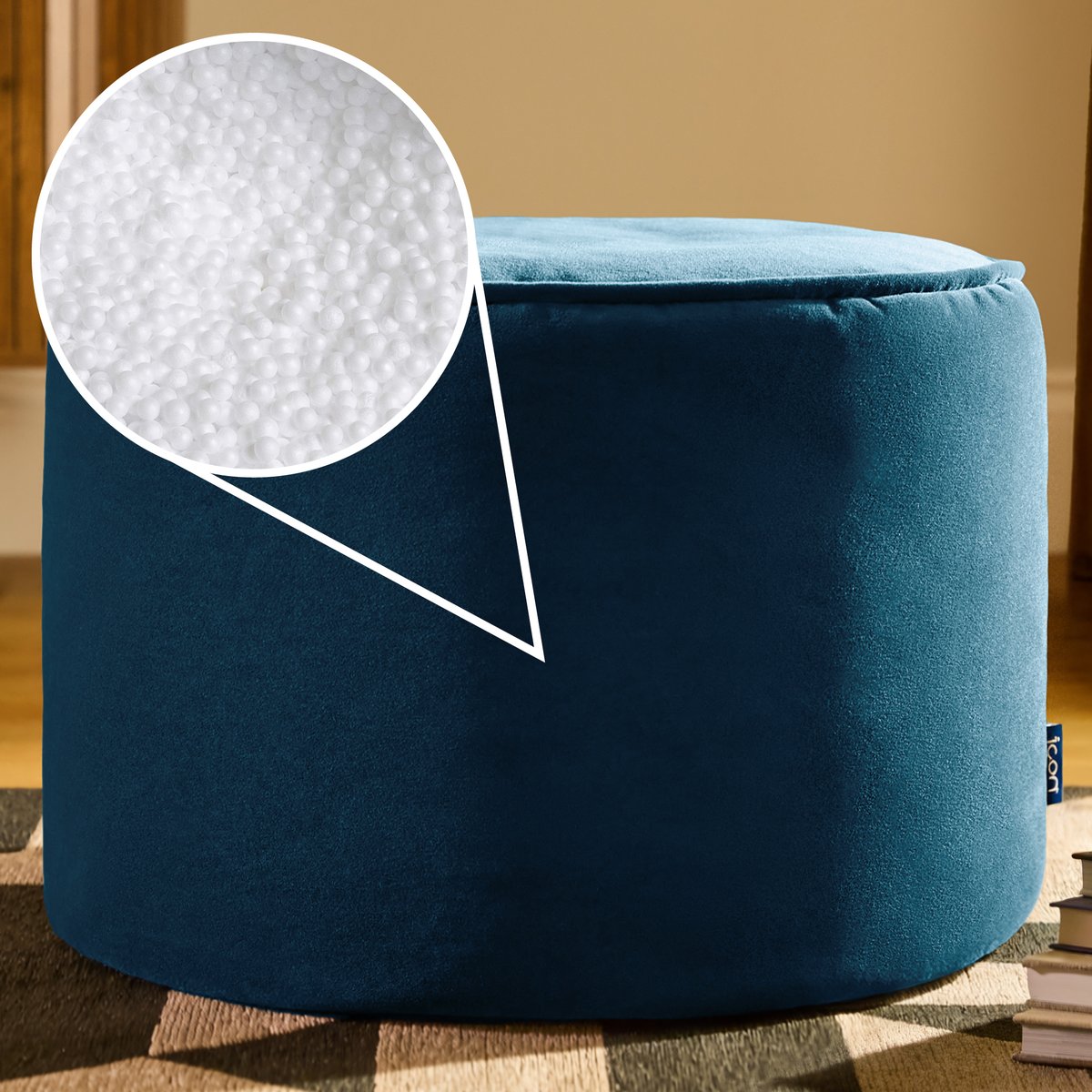 Pouf repose-pieds rond en velours mat Oeko-Tex® - MILANO bleu marine, ICON
