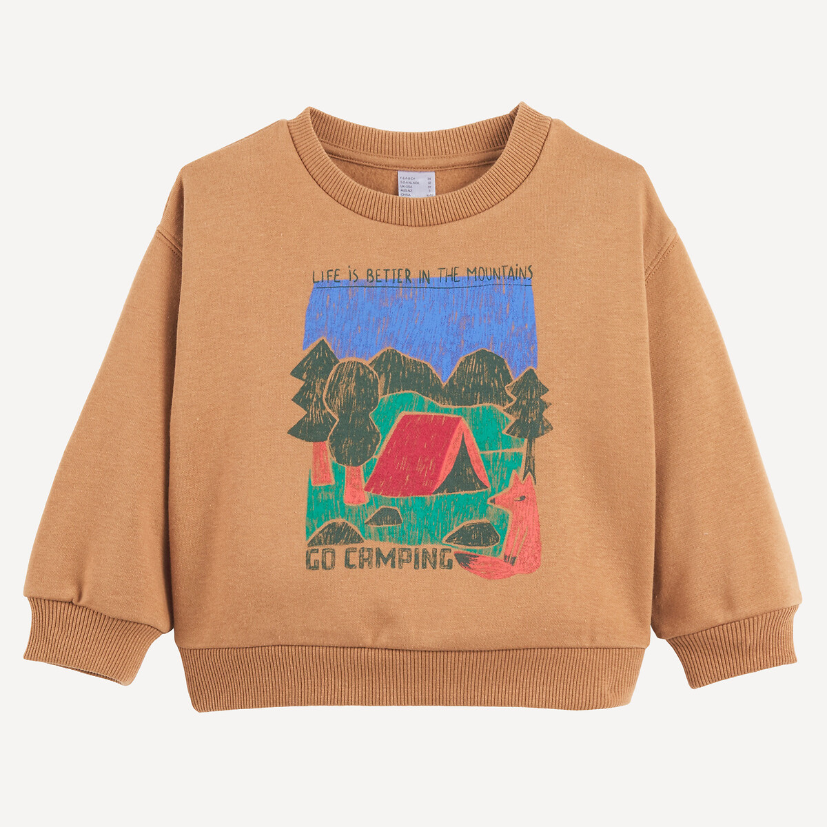 Sweater met ronde hals,  van molton, met kampeermotief camel, LA REDOUTE COLLECTIONS