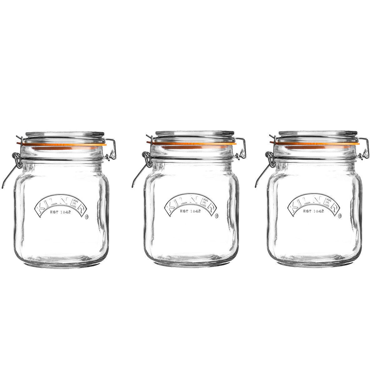 Set of 3 Clip Top Square Jars, 1L glass, KILNER
