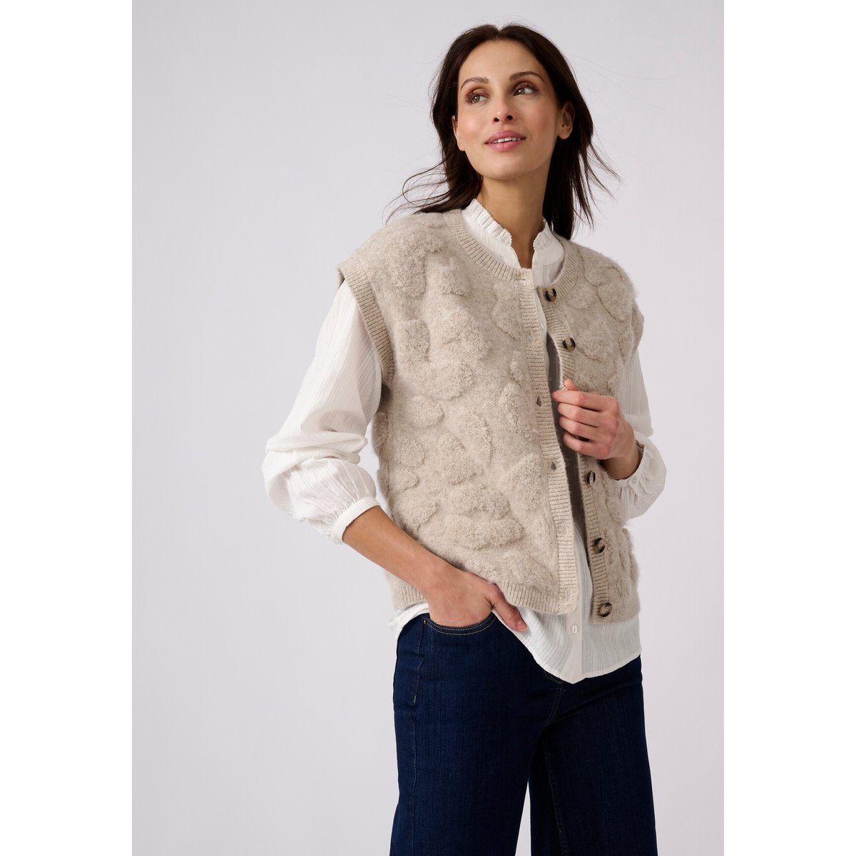 Gilet sans manches jacquard maille bouclette marron beige chiné, DAMART