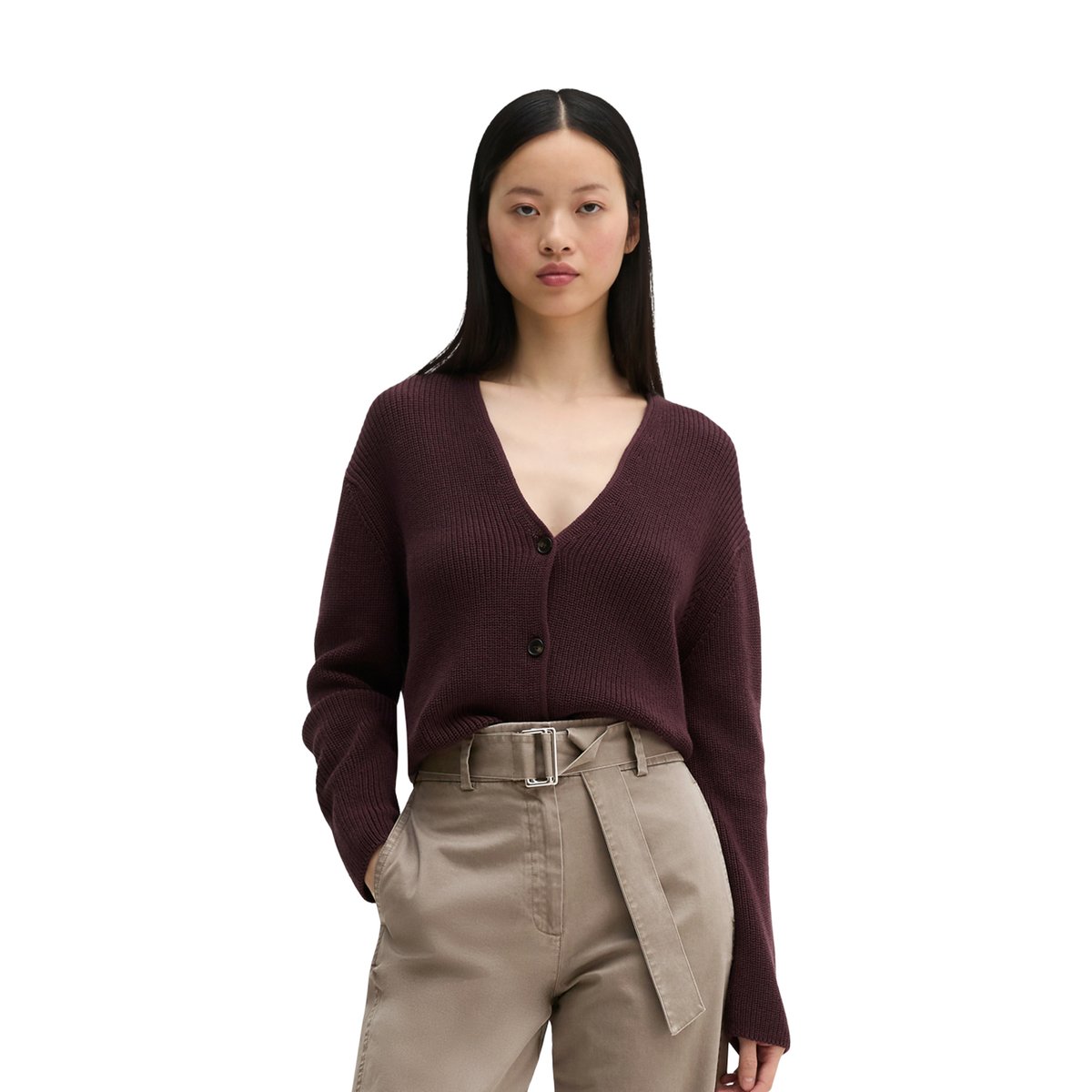 Cardigan col V relaxed en coton organique lourd rouge, MARC O'POLO