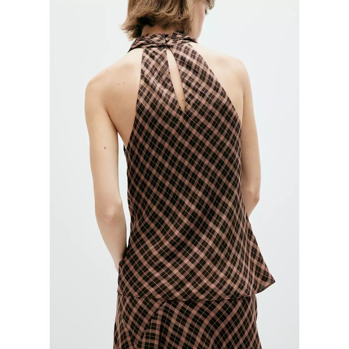 Top drapé à carreaux marron, MANGO